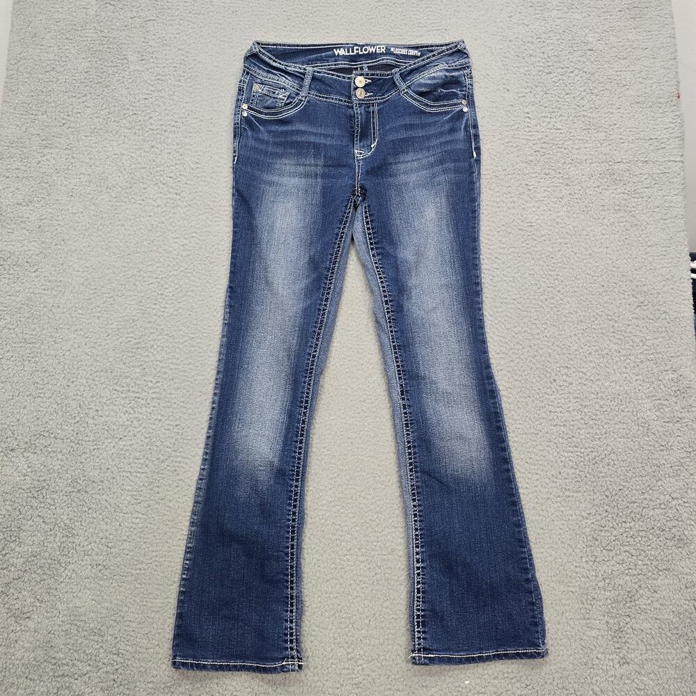 WallFlower Curvy Bootcut Jeans 11 Long flare Medium Wash Denim Distressed Boho